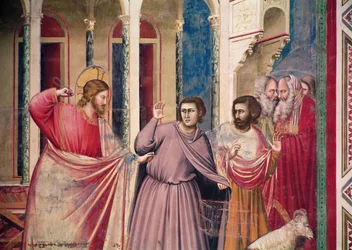 Jesus Chasing the Merchants from the Temple, detail of Christ and two merchants, c. 1303-05, detail of 444251